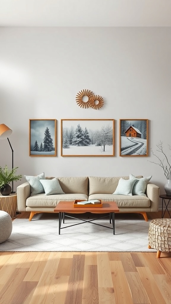 A cozy winter-themed living room with wall art featuring snowy landscapes and a warm color palette.