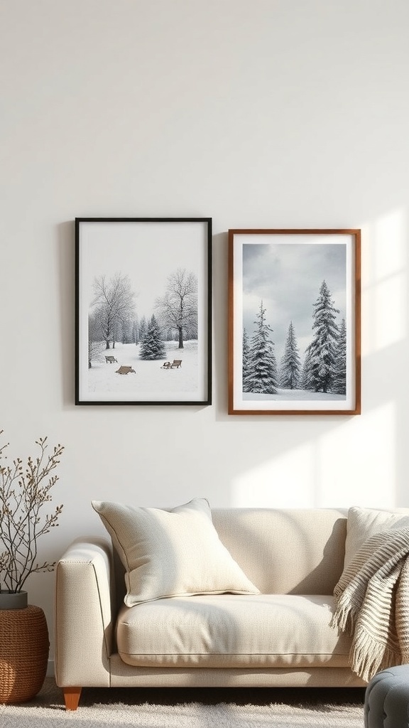 Two framed winter-themed wall art pieces on a light wall next to a cozy couch.