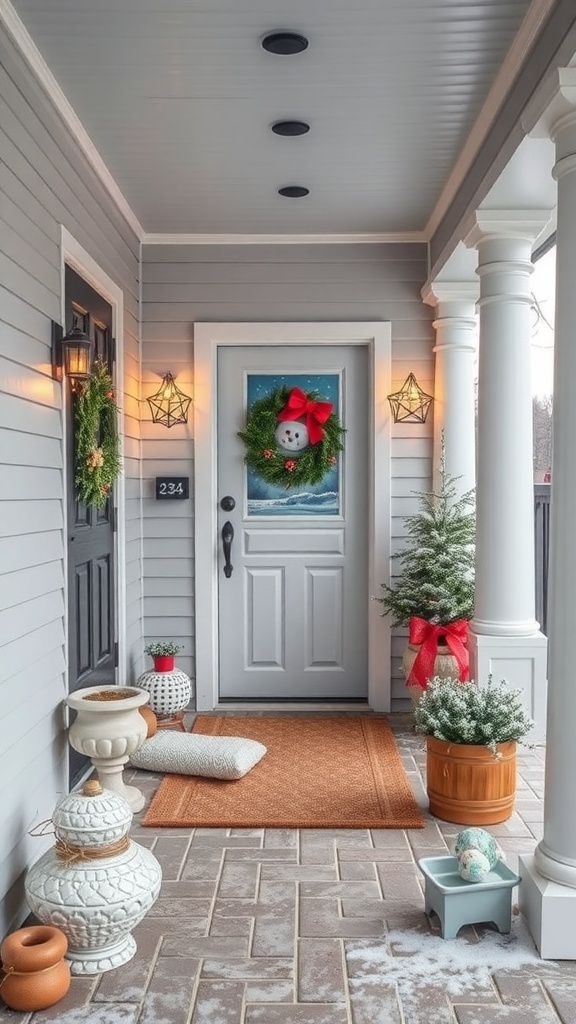 A winter-themed porch with a snowman wreath and festive decorations.