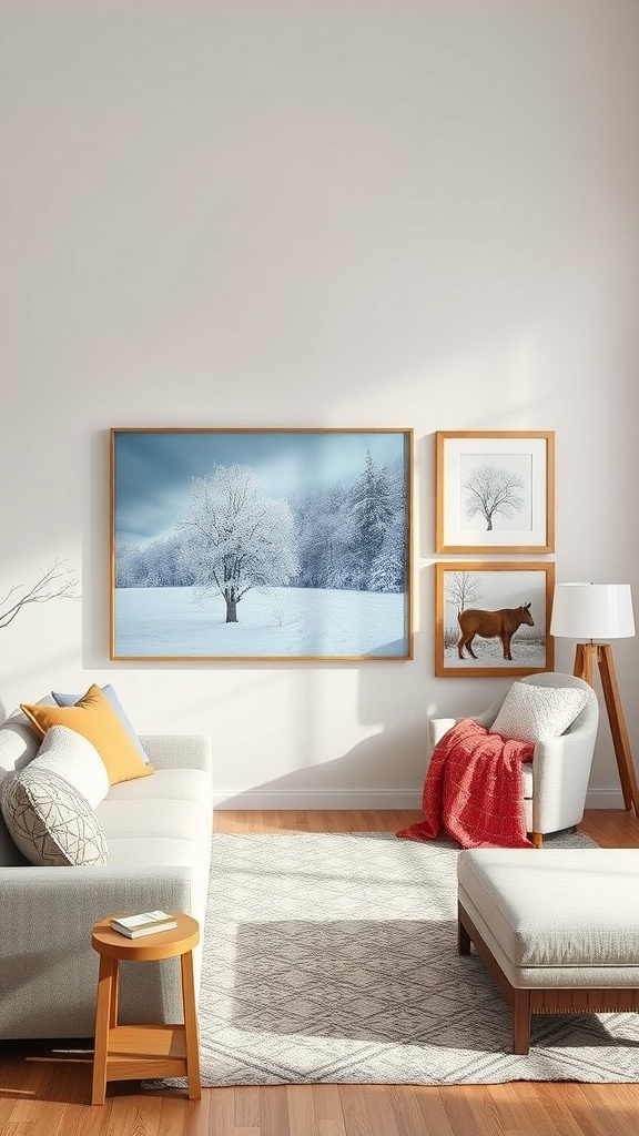 A cozy winter living room with snowy landscape wall art.