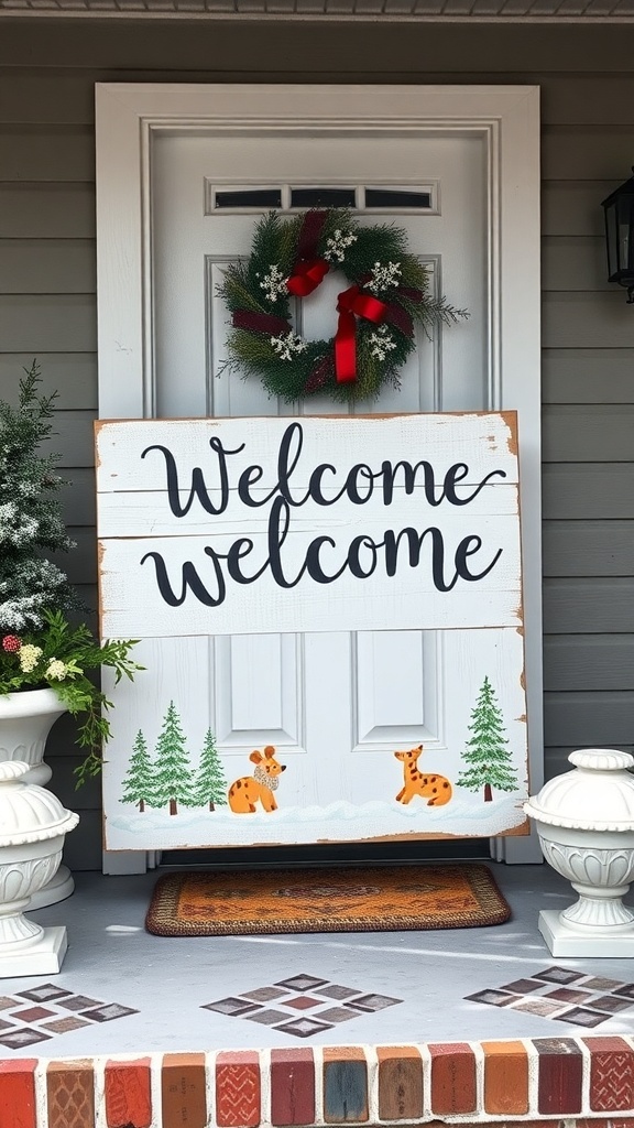 A winter-themed welcome sign with a wreath and decorative elements on a porch.