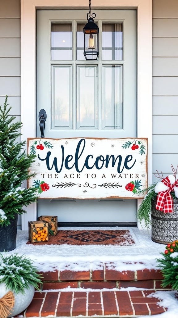 A winter-themed welcome sign on a front porch, surrounded by greenery and festive decorations.