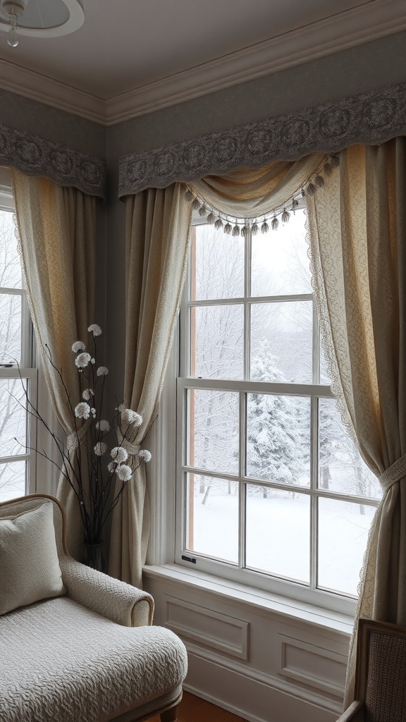 Cozy winter-themed window treatments with soft drapes and a view of snow outside.