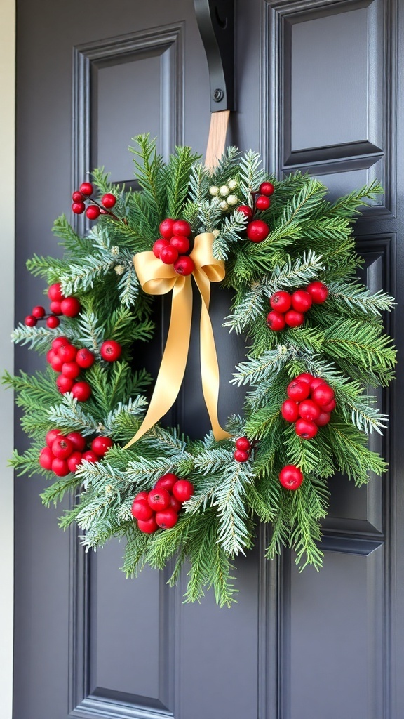 A winter-themed wreath with pine, berries, and a bow on a door.