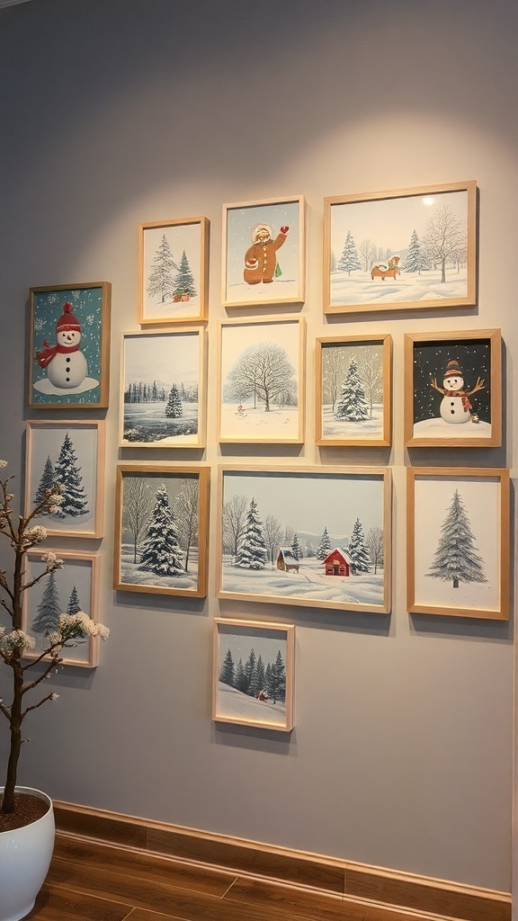 A collection of winter-themed framed artworks featuring snowmen, trees, and snowy landscapes on a wall.