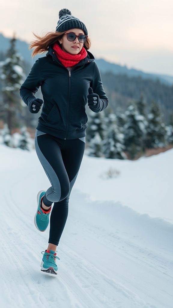 A woman jogging in a snowy landscape, wearing a black athletic jacket, leggings, and a beanie.