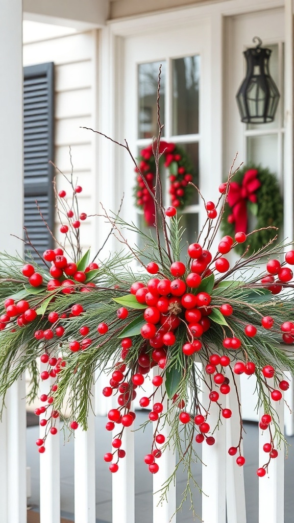 A winter front porch decorated with red berries and greenery.