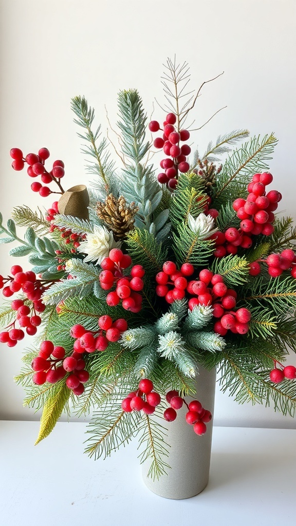 A winter botanical arrangement featuring red berries, evergreen branches, and pinecones in a neutral vase.