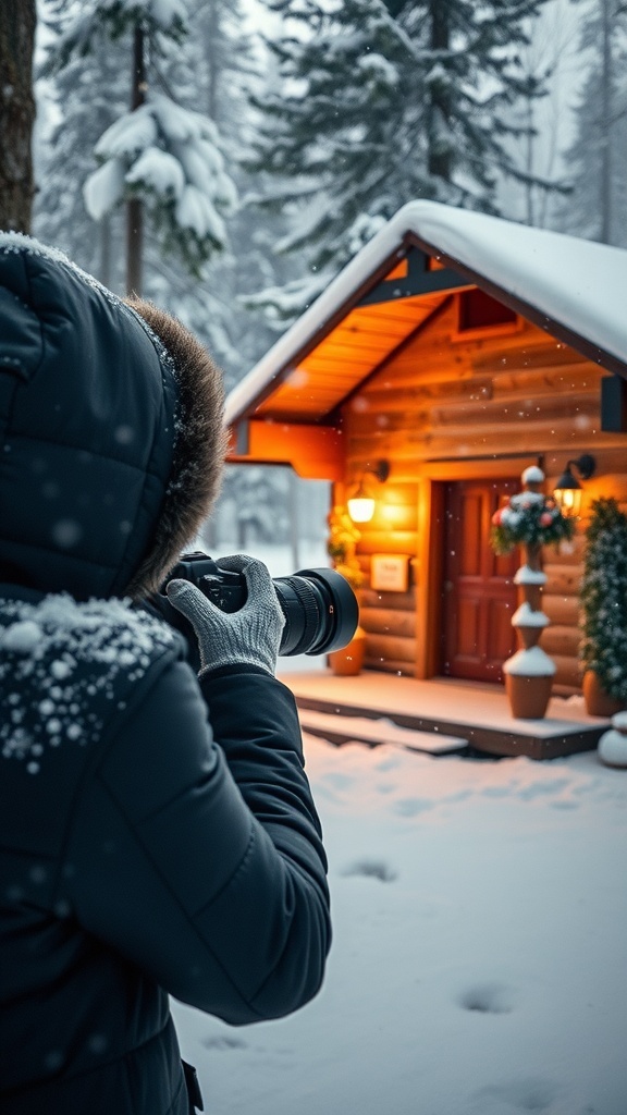 A person photographing a cozy winter cabin surrounded by snow-covered trees.