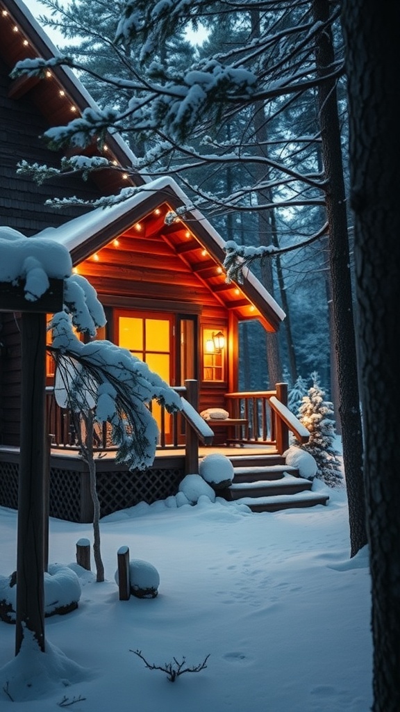 A cozy winter cabin with warm lights glowing in the evening snow.