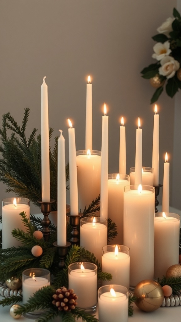 A beautiful arrangement of white candles of various heights surrounded by greenery and ornaments.