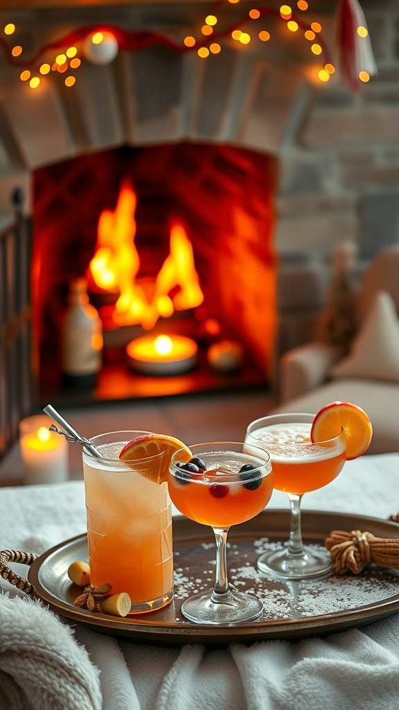 A cozy winter scene featuring cocktails on a tray in front of a warm fireplace.