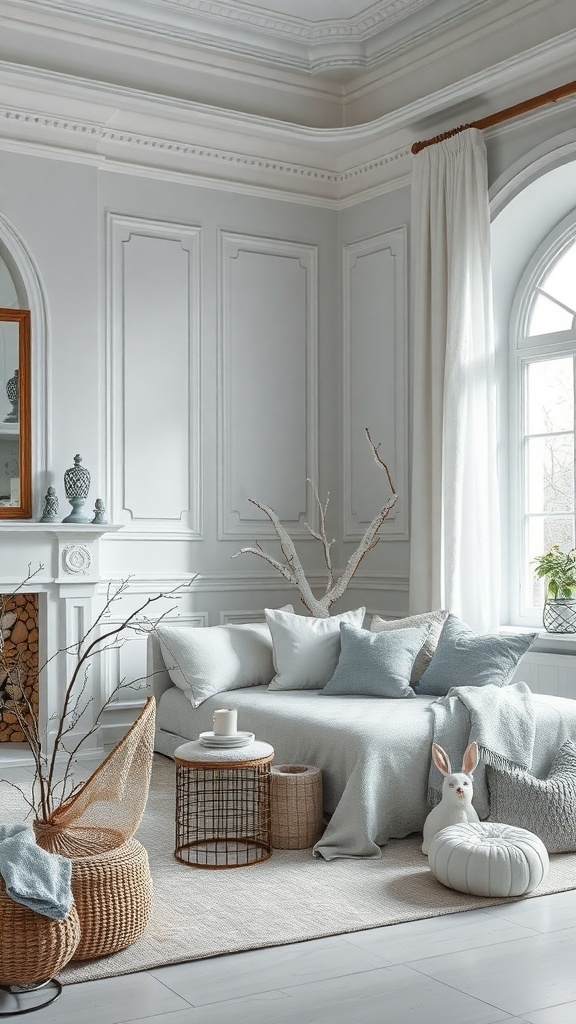 A cozy winter living room with soft blue and white decor, featuring a comfortable sofa, decorative pillows, and natural elements.