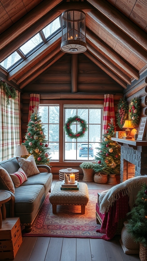 Cozy winter cabin interior with festive decorations and warm lighting.