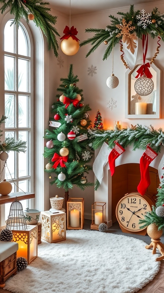 A cozy winter home decor scene featuring a Christmas tree, stockings, and warm lighting.