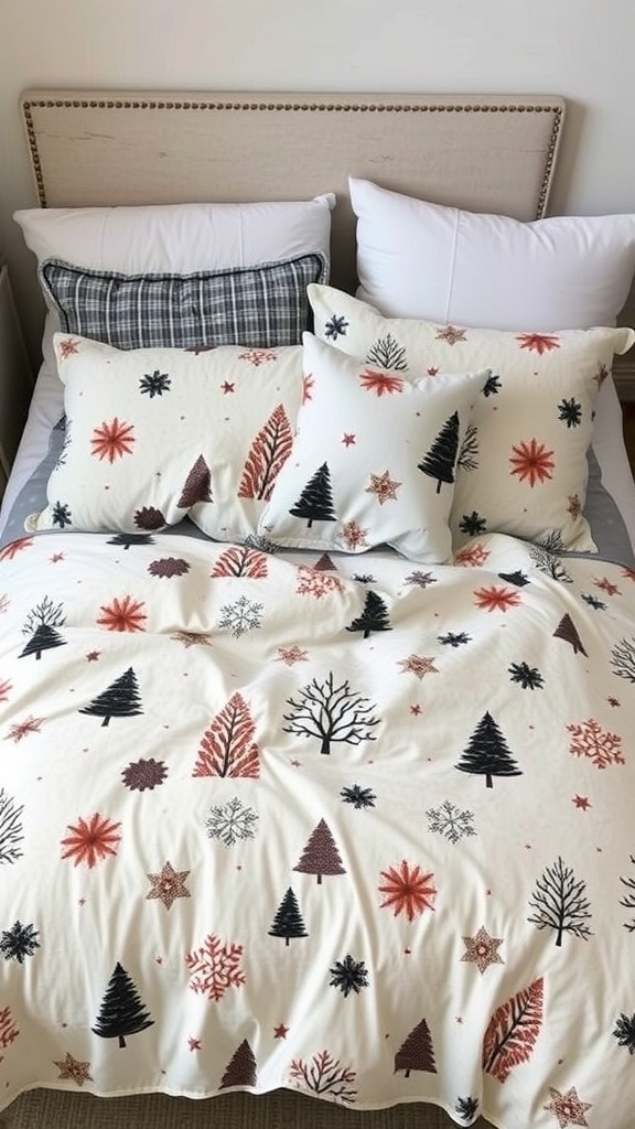 A cozy winter duvet cover featuring festive designs with snowflakes and trees.