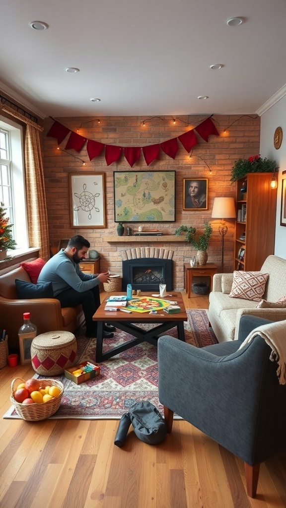 A cozy living room with a fireplace, games on the table, and warm lighting.