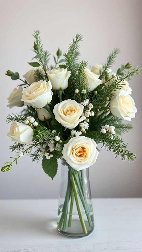 A bouquet of white roses and evergreen sprigs in a clear vase.