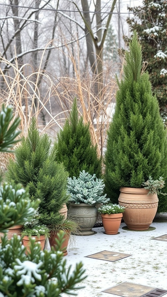 A winter garden with evergreen plants in pots surrounded by snow.