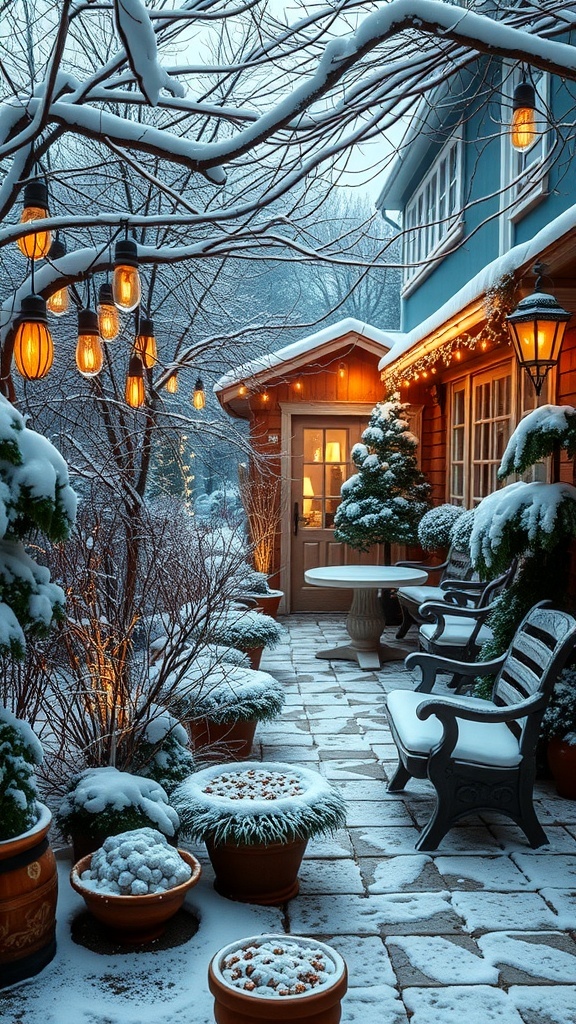 A winter garden with snow-covered plants, warm lights, and a cozy seating area.