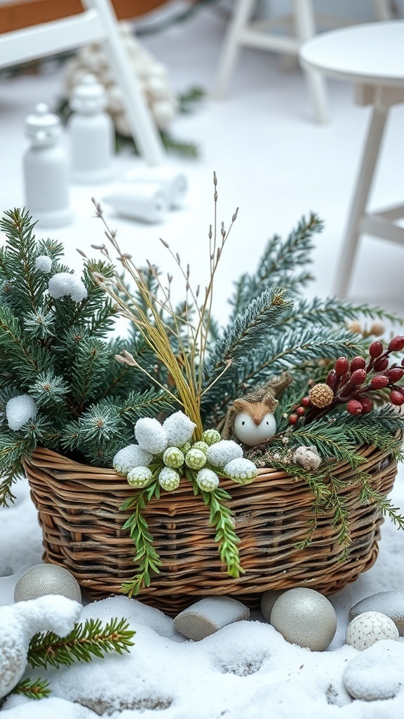 A basket filled with evergreen branches, berries, and decorative elements in a snowy setting.