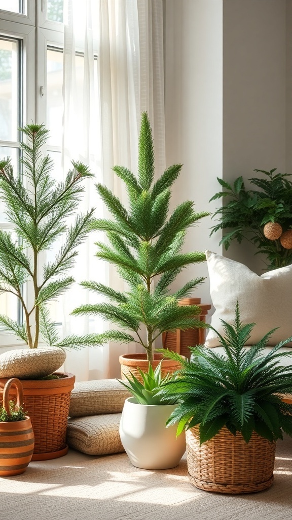 A cozy winter living room with potted greenery and soft textiles.