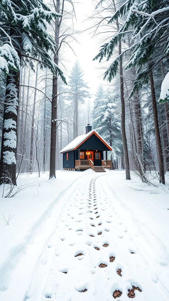 A cozy winter cabin surrounded by snow-covered trees and a path leading to it.