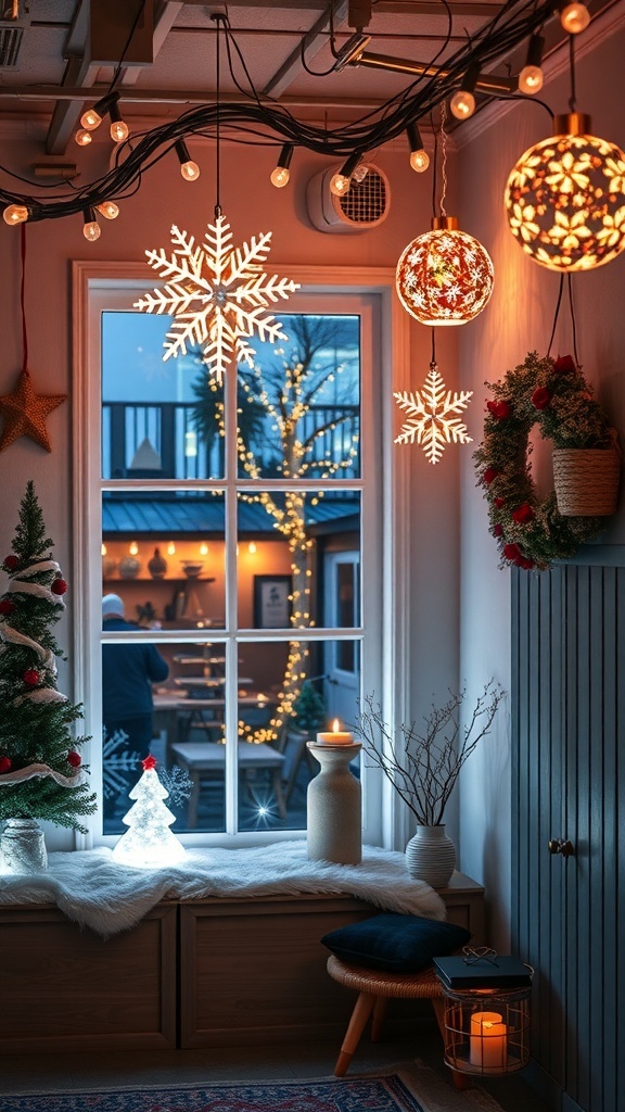 Cozy winter house with decorative lighting fixtures and a view of a snowy scene outside.