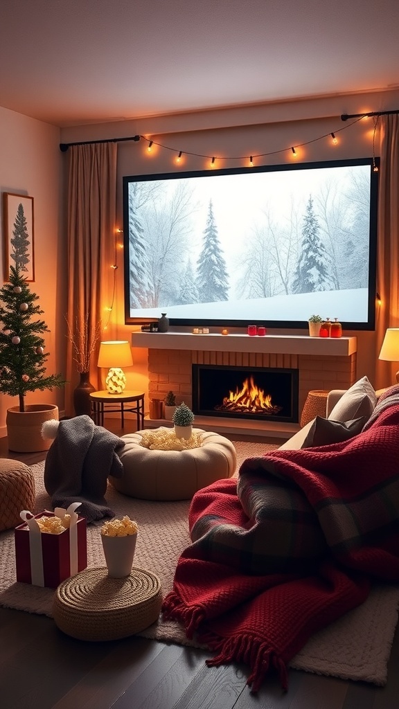 Cozy winter movie night setup with a fireplace, blankets, and popcorn.