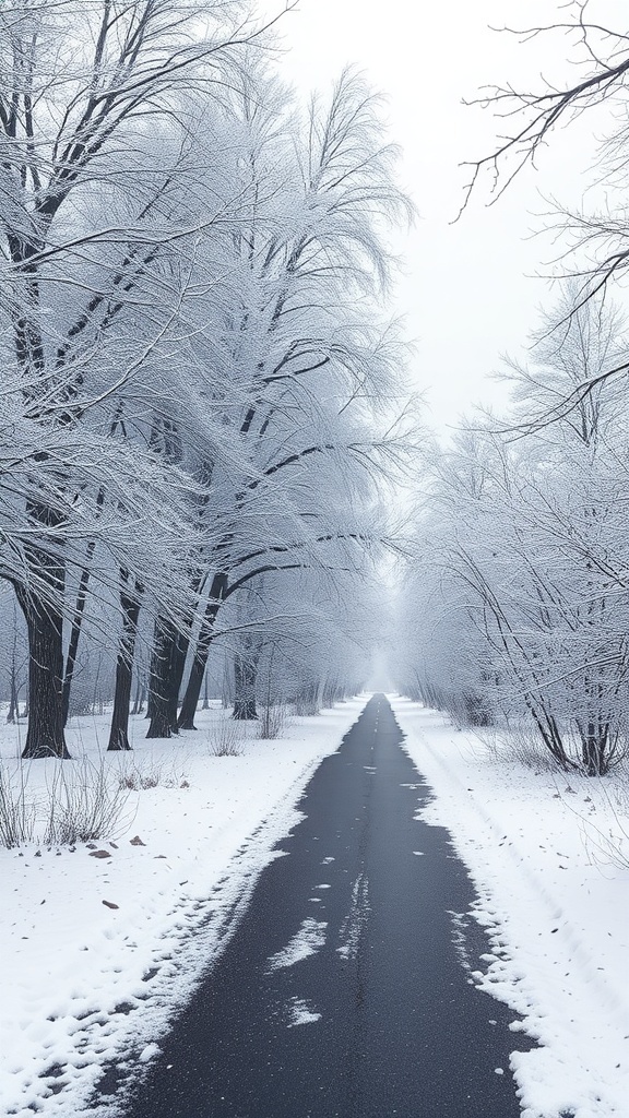 A serene winter scene with snow-covered trees lining a quiet path.