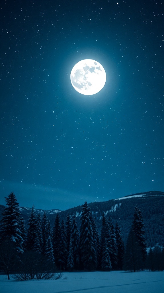 A bright moon in a clear winter night sky over snow-covered trees and mountains.