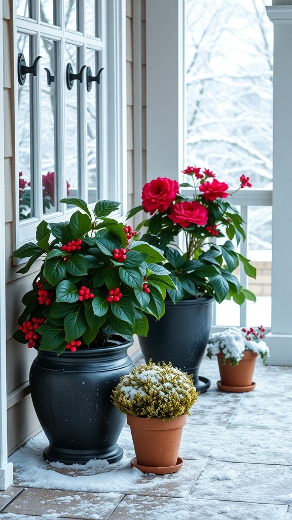 Colorful winter plant arrangements on a porch with snow