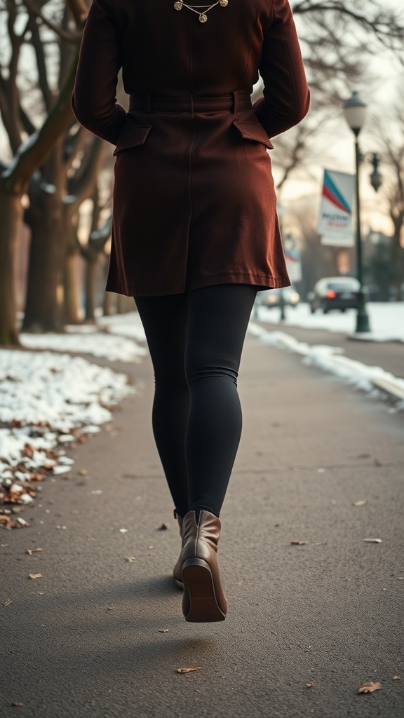 A woman walking in a brown skirt and black leggings during winter.