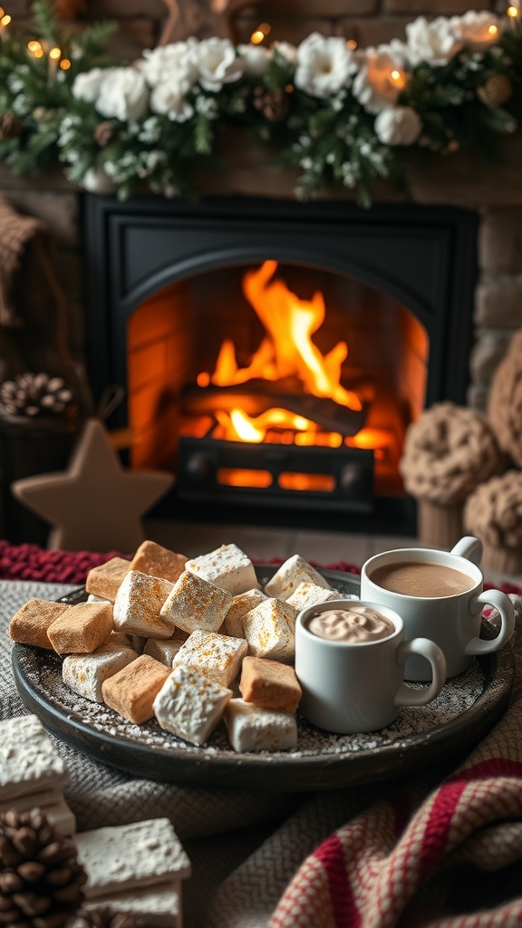 A cozy winter scene with a fireplace, marshmallows, and hot chocolate.