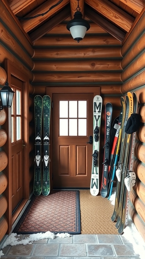A cozy winter cabin entrance with skis and snowboards displayed by the door.