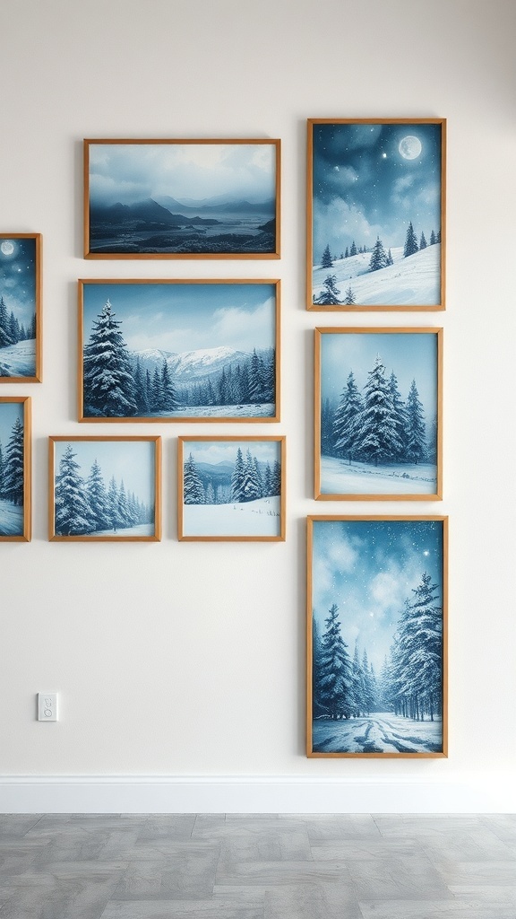 A collection of winter-themed wall art featuring snowy landscapes in blue tones.