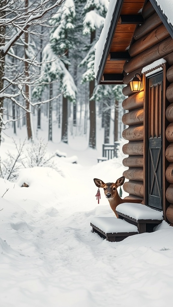 A deer peeking out from the snowy steps of a winter cabin.