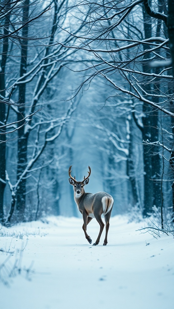 A deer walking through a snowy forest path surrounded by trees.