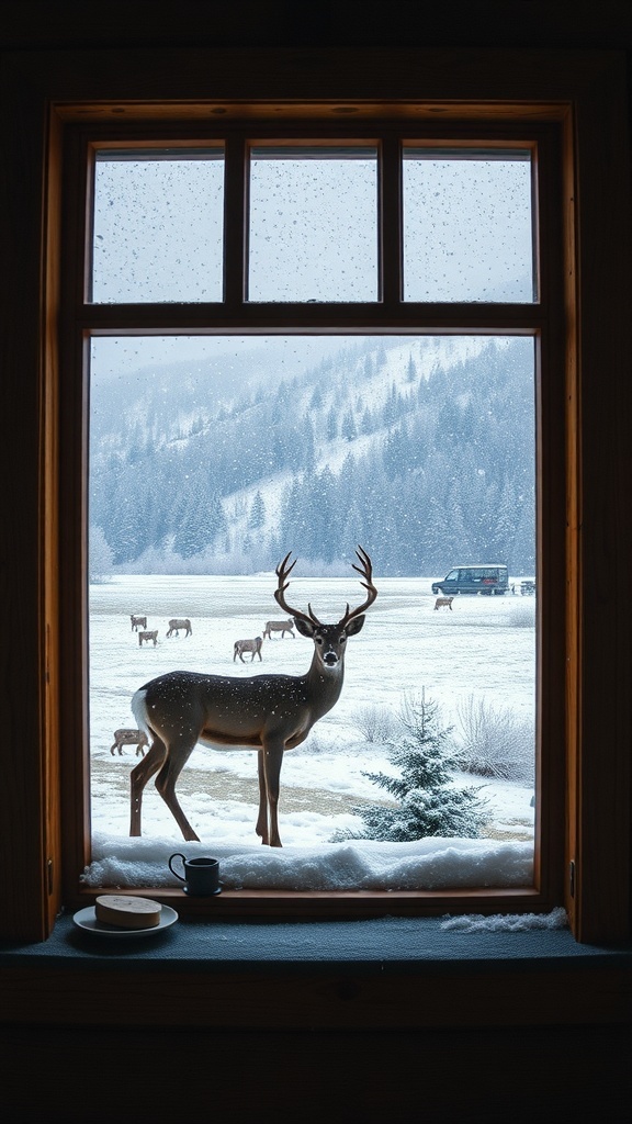 A deer standing in the snow outside a cabin window, with a snowy landscape and other deer in the background.
