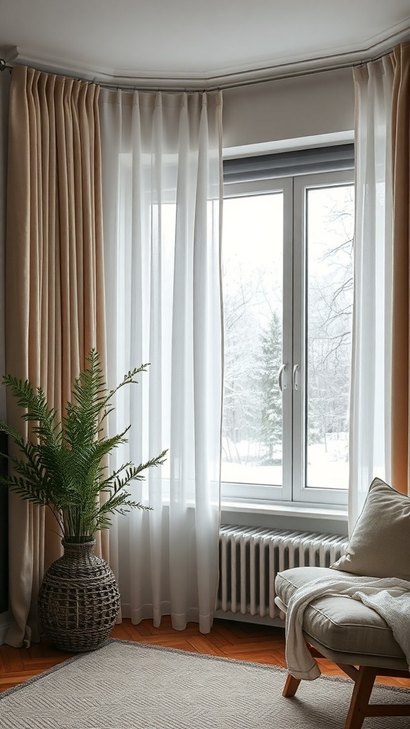 A cozy winter room with soft curtains and a comfortable chair by the window.
