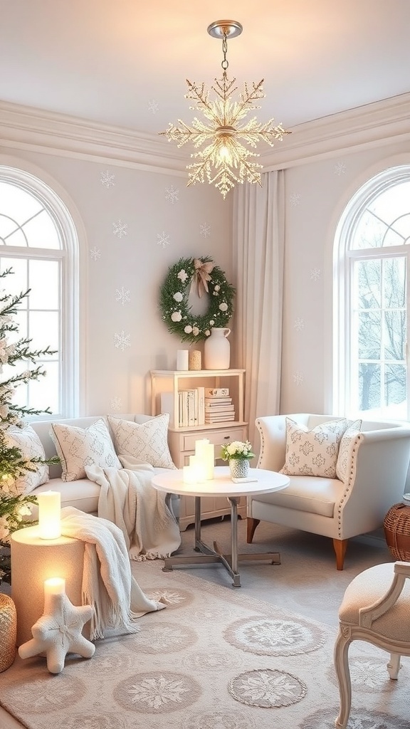 Cozy winter room with white decor and soft furnishings.