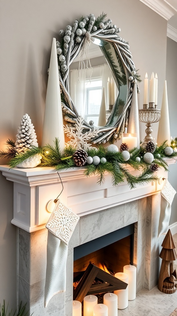 A winter-themed mantle decor featuring pinecones, candles, and soft lights.