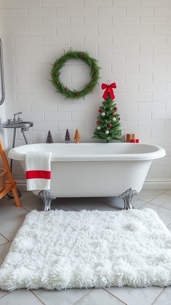 A cozy bathroom featuring a fluffy white bath mat, a small Christmas tree, and a wreath on the wall.