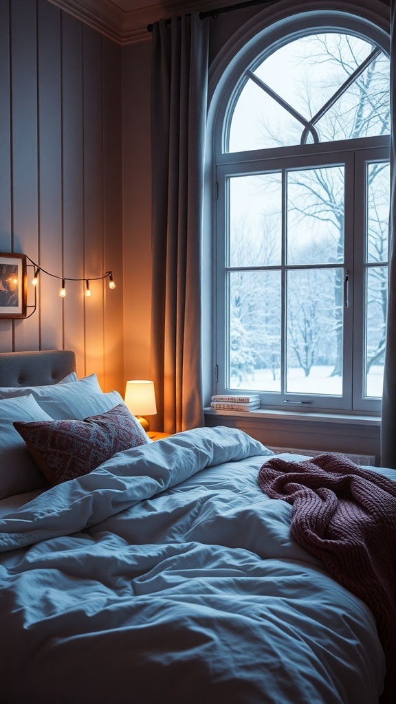 Cozy winter bedroom with soft blankets and a snowy view outside