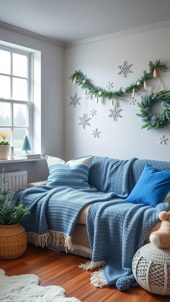 Cozy winter decor featuring blue blankets and snowflake accents.