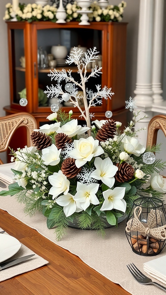 A winter-themed centerpiece featuring white flowers, pinecones, and a frosty tree.