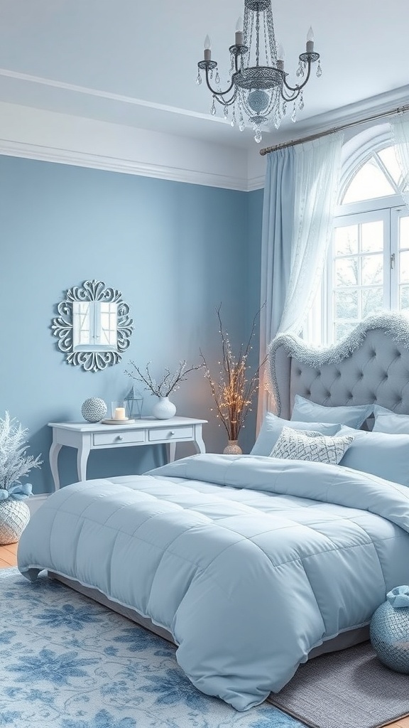 A serene bedroom with soft blue walls, a plush bed, and cozy decor.