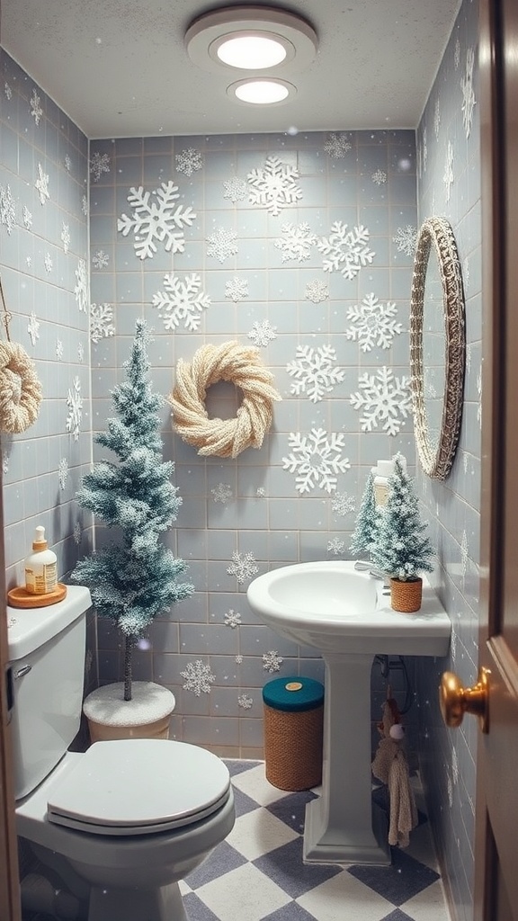 A small bathroom decorated for Christmas with snowflake decals, mini Christmas trees, and a wreath.