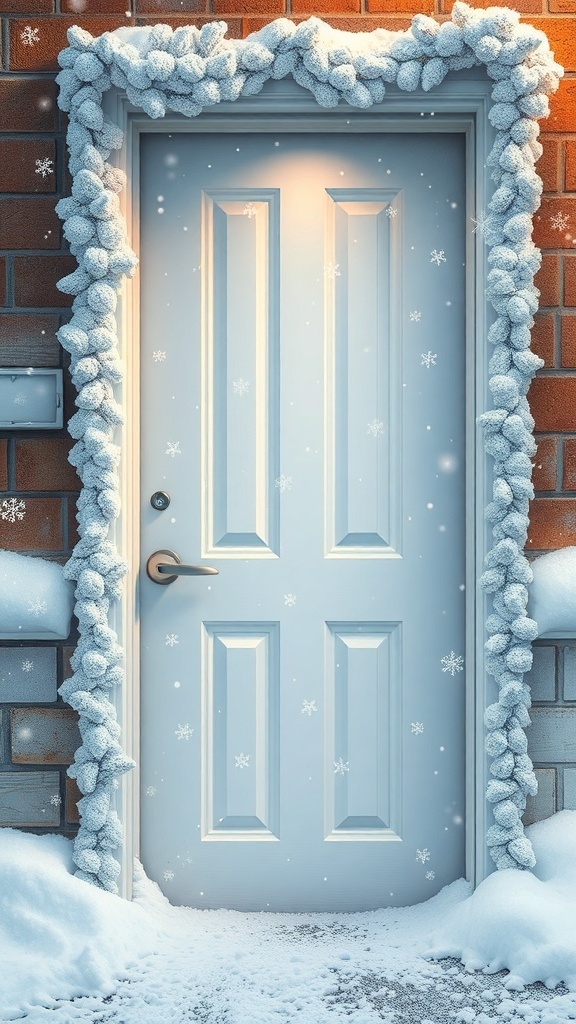 A door decorated with fluffy white garlands and snowflakes, surrounded by a snowy landscape.