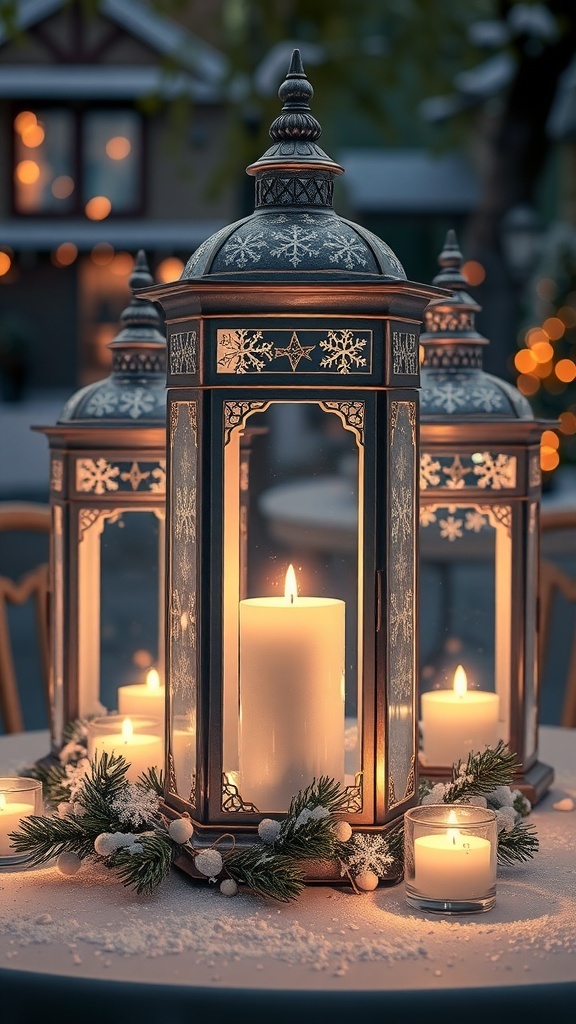 A beautifully arranged winter centerpiece featuring lanterns with candles and greenery.